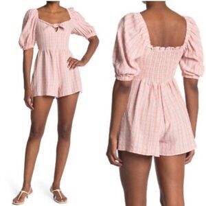 Topshop Pink & White Romper Womens 6 US Check Tie Bow Front Peasant Casual Short